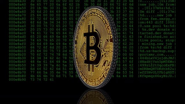 Bitcoin with wireframe effect rotating against a crypto miner hex dump in the background - seamless looping.