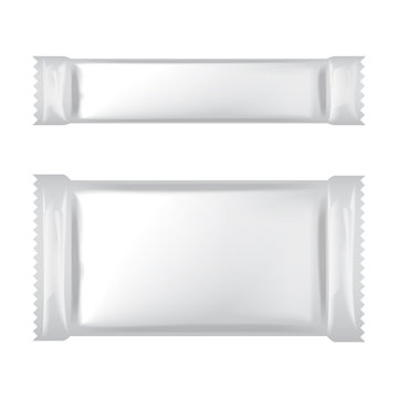 White blank foil bag packaging for food, snack, sugar, candy, seasoning, medical shachet. Vector plastic pack mock up template