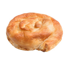 Placinta cake filled with a soft cheese. Isolated on a white background.