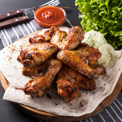 Tasty BBQ chicken wings. Grilled chicken wings with red sauce. Closeup