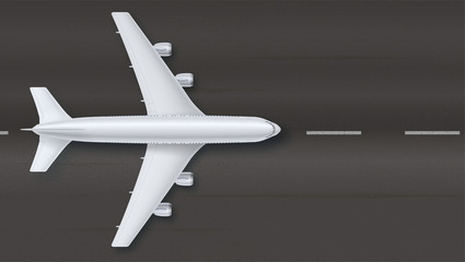 Silver airplane on the background of asphalt, top view. The plane on the runway, vector illustration. Detailed concept of aircraft. Plane for travel. Jet commercial airplane