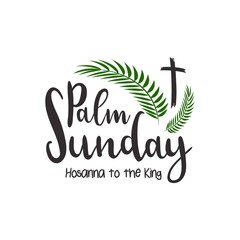 Palm Sunday poster with hand drawn lettering, palm branches and cross.Celebration entrance of Jesus into Jerusalem