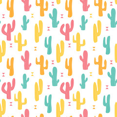 Seamless pattern with cartoon cactus decorated graphic elements. Yellow, pink, blue  cactus on a white background. Summer print