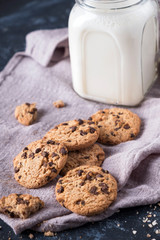 Chocolate chip cookies with glass of milk. Closeup