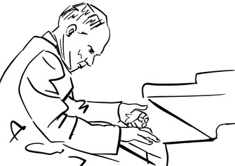 Pianist. Black contour on white background. Graphic illustration. Hand drawn sketch. Vector.