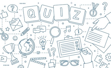 Monochrome banner template with hands of people solving puzzle or riddle, quiz tournament, knowledge competition, intelligence test, smart game elements. Vector illustration in line art style.