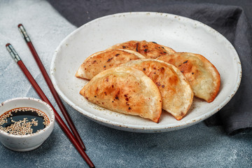Fried dumplings with meat (beef, pork) or seafood, cabbage and spices in a white plate close-up. ...