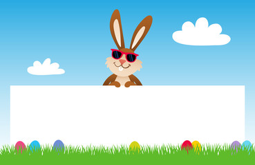 Cartoon Osterhase mit Sonnenbrille steht hinter Banner, Himmel, Ostereier, Wiese