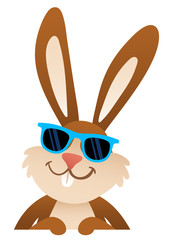 Cartoon Osterhase mit Sonnenbrille hält leeres Plakat vor sich