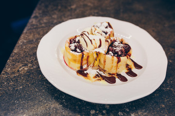Eat sweet dessert cuisine Cherry Pancakes in cafe menu.Pastry products close up.Delicious menu item in restaurant.Enjoy fresh Layered cake vanilla custard served fruit slices  exotic cream pie Diet.