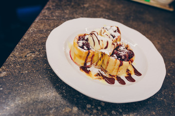 Eat sweet dessert cuisine Cherry Pancakes in cafe menu.Pastry products close up.Delicious menu item in restaurant.Enjoy fresh Layered cake vanilla custard served fruit slices  exotic cream pie Diet.
