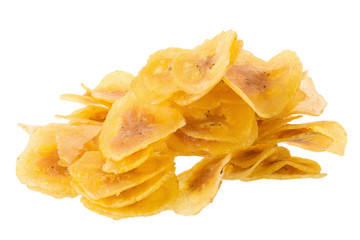 Dried banana chips. Yellow deep fried slices of bananas Isolated on white background © kaiskynet