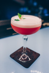 Sweet Famous juicy craft cocktails with candy decorative Author inspired Cocktail Drink -on bar counter . Close-up Top view . Copy paste for elegant design and luxury service barman in nightclub