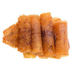 spicy crispy squid isolated white background, squid mashed crispy snack and spicy souvenirs from the sea