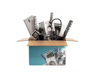 concept of product categories large household appliances crashes out of the box 3d render on white no shadow