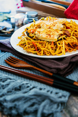 Vegetable noodles with chicken meat preparation