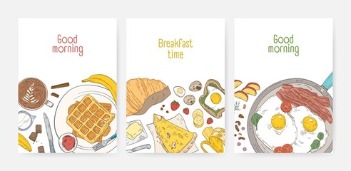Collection of poster or card templates with tasty healthy breakfast meals and morning food - fried eggs, wafers, coffee. Realistic vector illustration for cafe or restaurant advertisement, promotion.