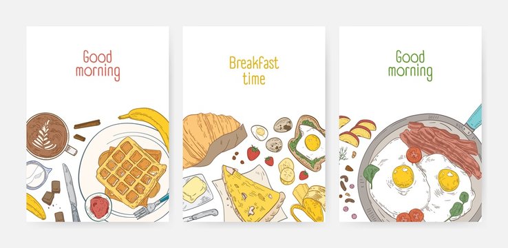 Collection of poster or card templates with tasty healthy breakfast meals and morning food - fried eggs, wafers, coffee. Realistic vector illustration for cafe or restaurant advertisement, promotion.