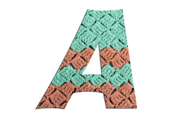 Letter A alphabet with hand knitted texture on white background