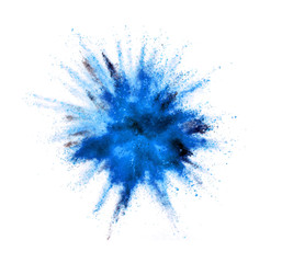 Explosion of blue powder on white background