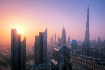 Naklejka premium Dubai sunset panoramic view of downtown.