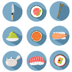 Set of Sushi and asian cooking flat design vector icons