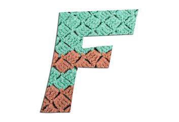 Letter F alphabet with hand knitted texture on white background