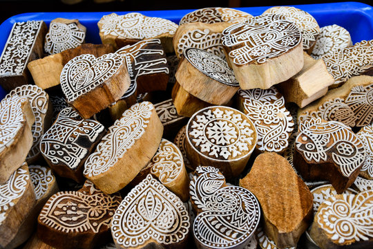wood blocks for pattern stamps on fabric, handmade textile manufacturer.