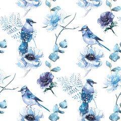 Winter watercolor pattern with birds and flowers, such as anemones and scabiosa and tree branches. Hand-drawn seamless pattern in blue tones.