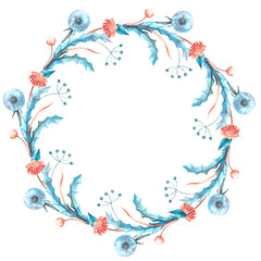 Round frames with flowers, herbs, dandelions and feathers on a white background.