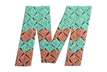 Letter M alphabet with hand knitted texture on white background