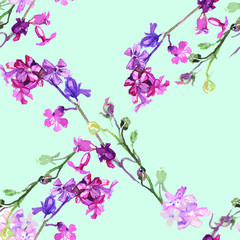 Seamless pattern. It consists of watercolor drawings of field carnations made from nature. Fashionable floral print for clothes, wallpapers, bed linen. It can be used on the covers of a book, wrapping