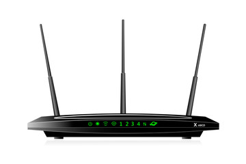 Dual Band Wireless SOHO router with  WAN port  and 4 LAN ports. The router has 3 antennas. Black colour. Vector illustration. - obrazy, fototapety, plakaty