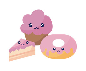 donut with cupcake and cake kawaii character
