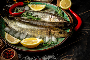 Fresh fish. river fish with spices and lemon top view. Healthy food concept, top view, copy space