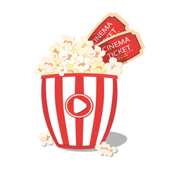 Striped bucket of popcorn and movie tickets. Popcorn and tickets isolated icon. Vector illustration. 