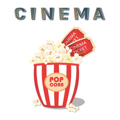 Striped bucket of popcorn and movie tickets. Popcorn and tickets isolated icon. Vector illustration. 