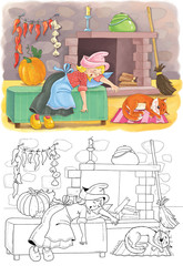 Cinderella. Fairy tale. Coloring book. Coloring page. Set of cute cartoon characters isolated on white background