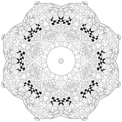 Hand drawn zentangle circular ornament for coloring page.