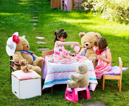 Elevated view of two young caucasian girls playing Teddy Bears Picnic