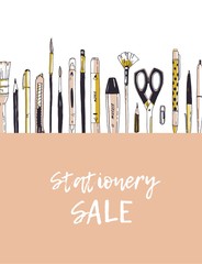Square advertising banner template for stationery and writing utensils sale. Backdrop with office tools, art supplies and place for text on white background. Realistic vector illustration for promo.