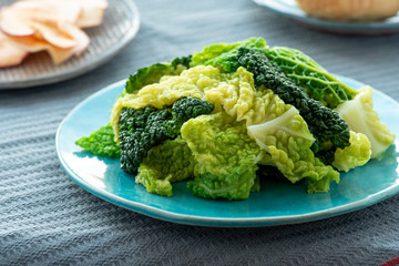 Stewed savoy cabbage, vegetarian food, healthy diet food.