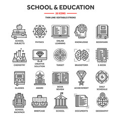 School education, university. Study, learning process. Oline lessons, tutorial. Student knowledge. History book.Thin line web icon set. Outline icons collection.Vector illustration.