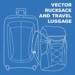 Blueprint of Suitcase or travel luggage and rucksack. Vector illustration.