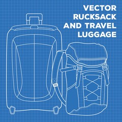 Blueprint of Suitcase or travel luggage and rucksack. Vector illustration.