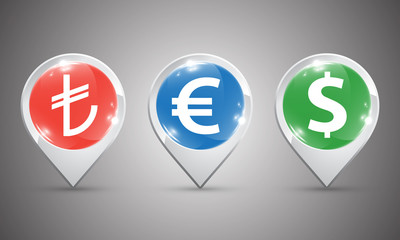 Glossy location pins with dollar, euro and turkish lira sign
