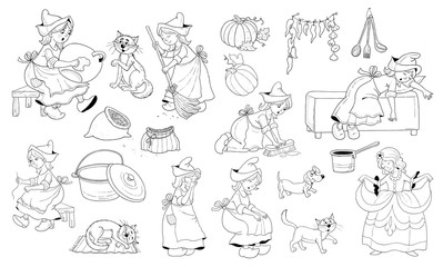 Cinderella. Fairy tale. Coloring book. Coloring page. Set of cute cartoon characters isolated on white background