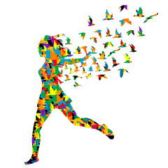 Colorful silhouette of young woman jumping with birds flying from her