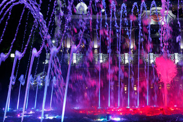 Beautiful, colorful, musical, fountain in the city of Krasnodar on the background of the central...