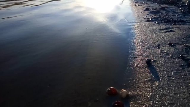 Waves off the river at sunset The quiet evening wind rolls small waves on the bank of the Desna River